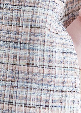Art Pink Patchwork Plaid Linen Clothes for Long Sleeve False Two Pieces Shift Fall Dress
