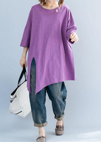 Art Purple O Neck Cotton Box Top Asymmetric Hem Clothing Summer Top