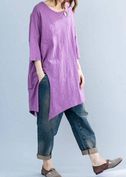 Art Purple O Neck Cotton Box Top Asymmetric Hem Clothing Summer Top
