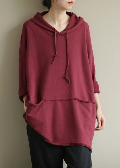 Art red blouses for women hooded drawstring oversized fall top