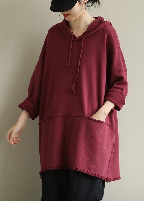 Art Red Blouses for Hooded Drawstring Oversized Fall Top