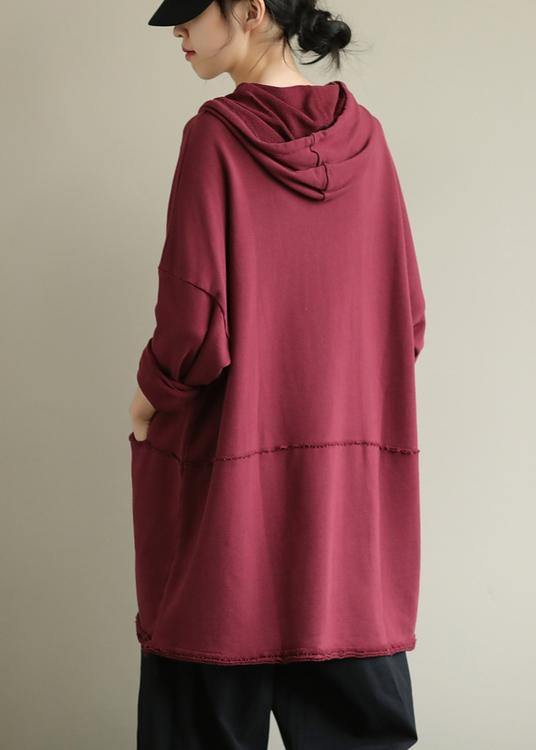 Art Red Blouses for Hooded Drawstring Oversized Fall Top