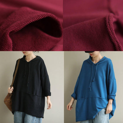 Art red blouses for women hooded drawstring oversized fall top