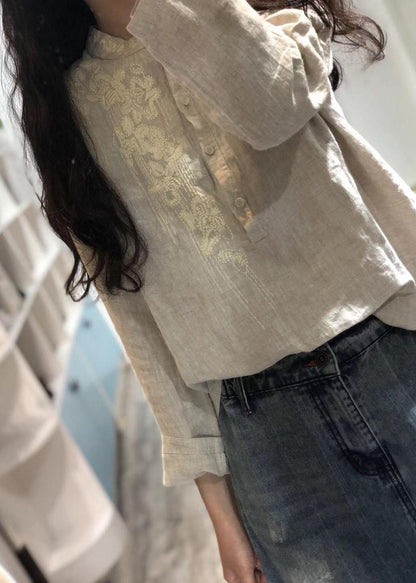 Art red embroidery linen clothes stand collar oversized fall tops