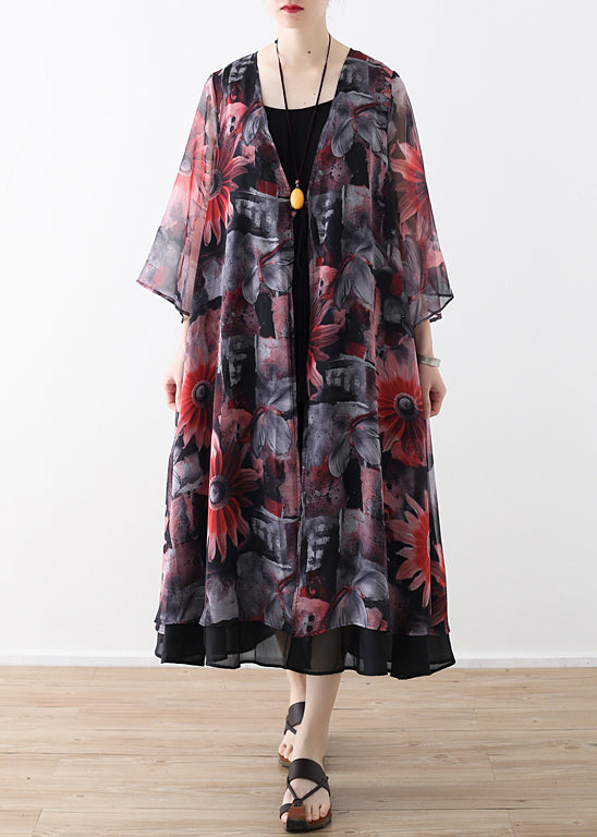 Art Red Printed Chiffon Coat Robe Summer Dresses Cardigan