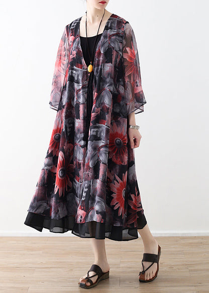 Art Red Printed Chiffon Coat Robe Summer Dresses Cardigan