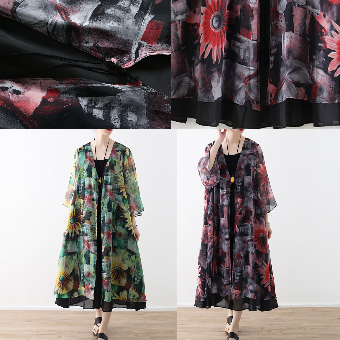 Art Red Printed Chiffon Coat Robe Summer Dresses Cardigan