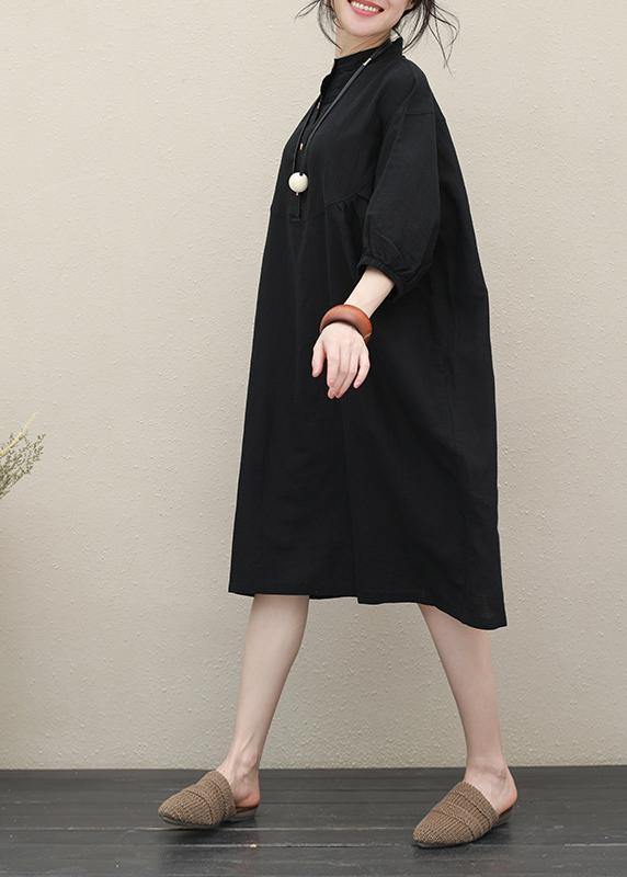 Art Stand Collar Batwing Sleeve Linen Summer Outfit Photography Black Dress