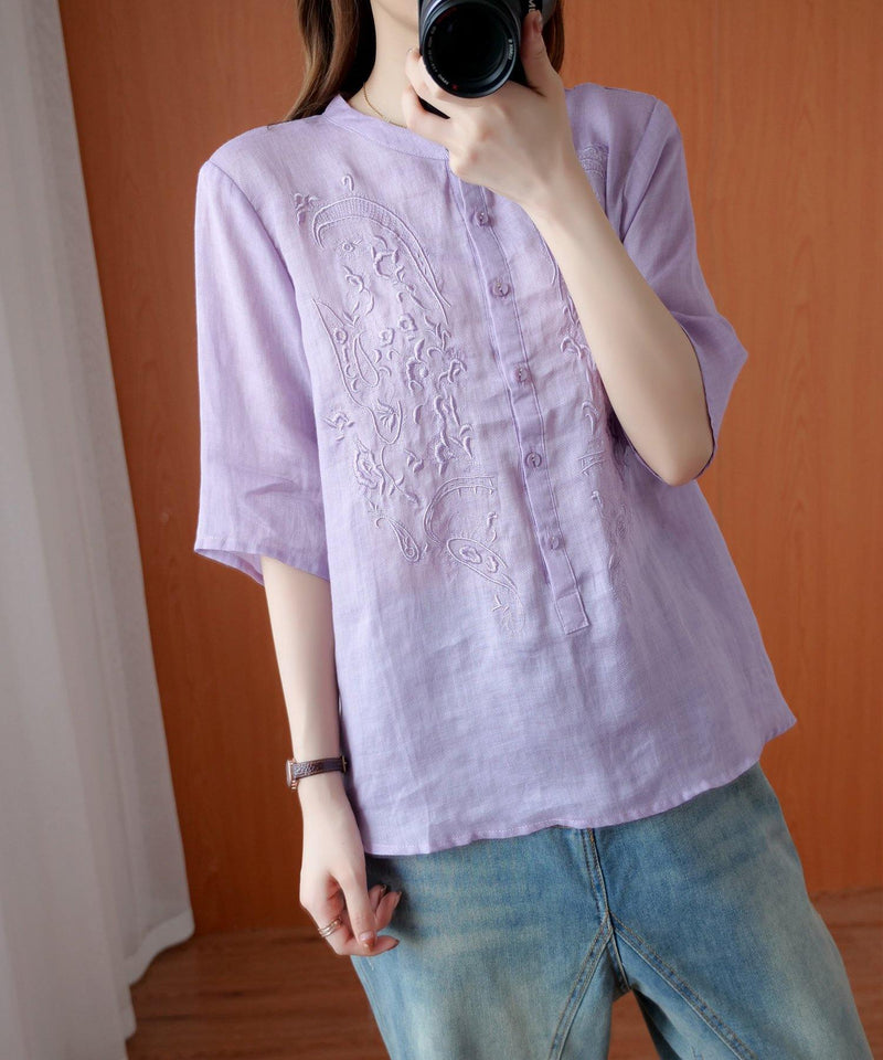 Art Stand Collar Embroidery Shirts Tunic Tops Purple Blouse