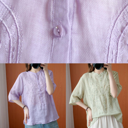 Art Stand Collar Embroidery Shirts Tunic Tops Purple Blouse