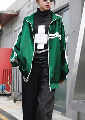 Art Stand Collar Zippered Fine Clothes Green Striped Short Outwear