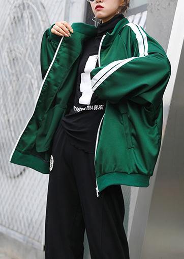 Art Stand Collar Zippered Fine Clothes Green Striped Short Outwear