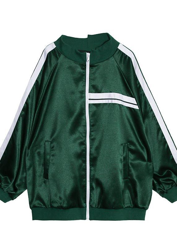 Art Stand Collar Zippered Fine Clothes Green Striped Short Outwear