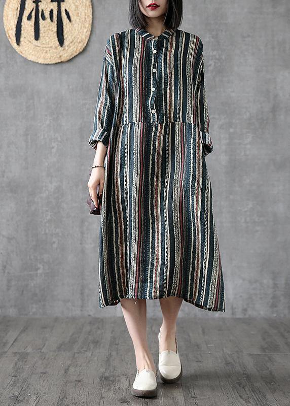 Art Stand Pockets Linen Clothes for Online Shopping Striped Dress