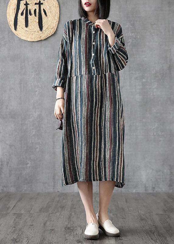 Art Stand Pockets Linen Clothes for Online Shopping Striped Dress