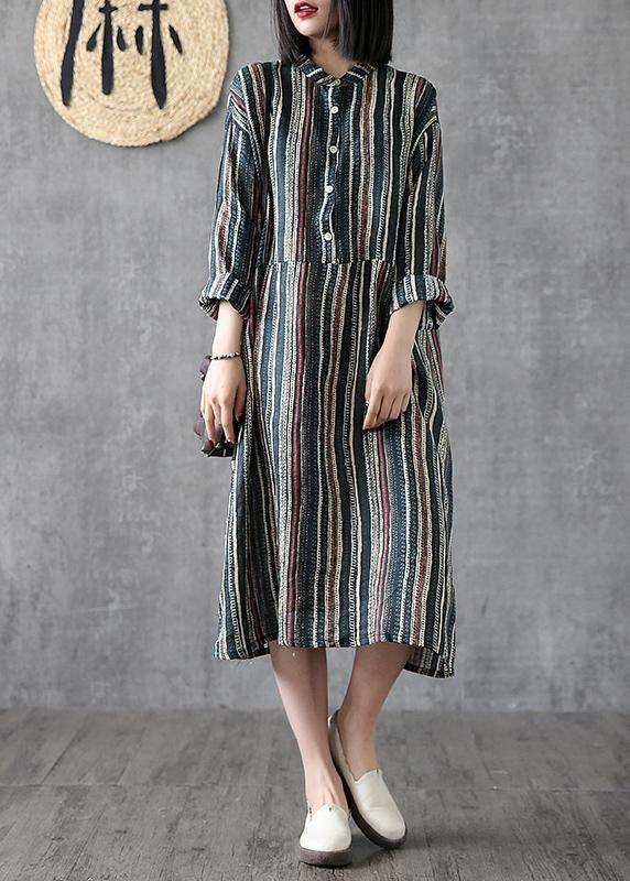 Art Stand Pockets Linen Clothes for Online Shopping Striped Dress