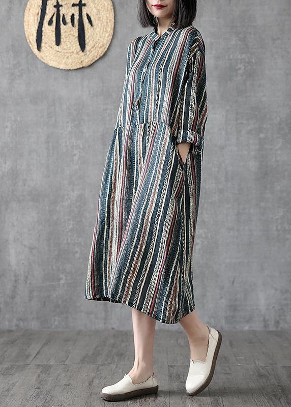 Art Stand Pockets Linen Clothes for Online Shopping Striped Dress