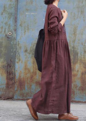 Art Tie Waist Linen Embroidery Dresses Tunic Tops Brown Dress