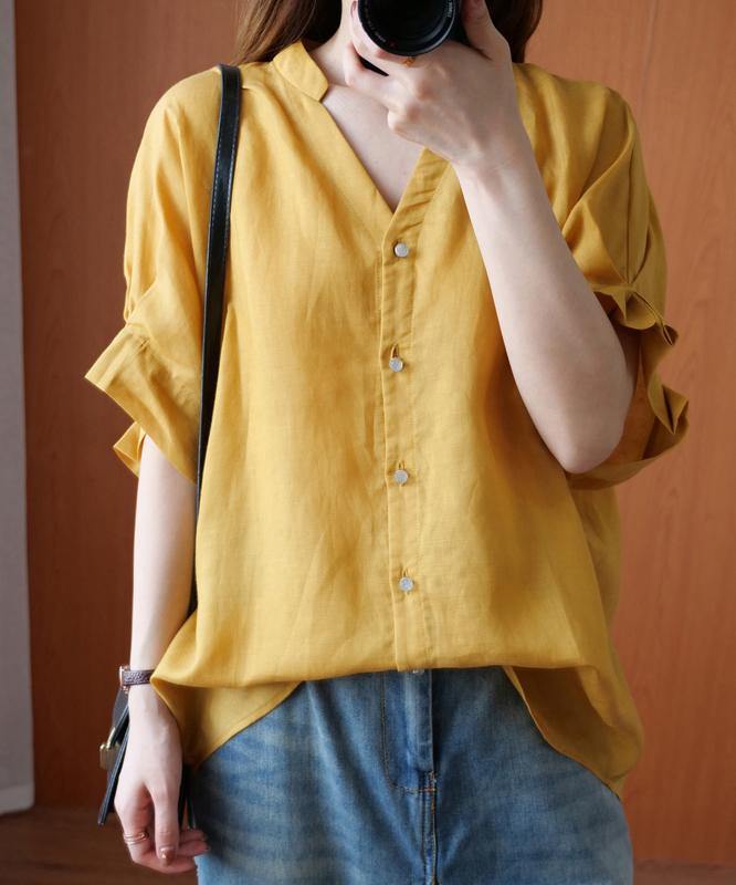 Art V Neck Batwing Sleeve Summer Clothes Design Yellow Blouse
