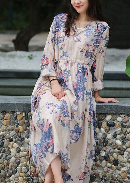 Art V Neck Drawstring Fall Tunic Blue Print Shirt