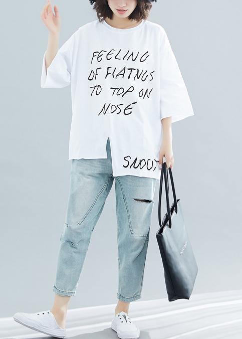 Art White Letter Cotton Box Top O Neck Half Sleeve Cotton Top