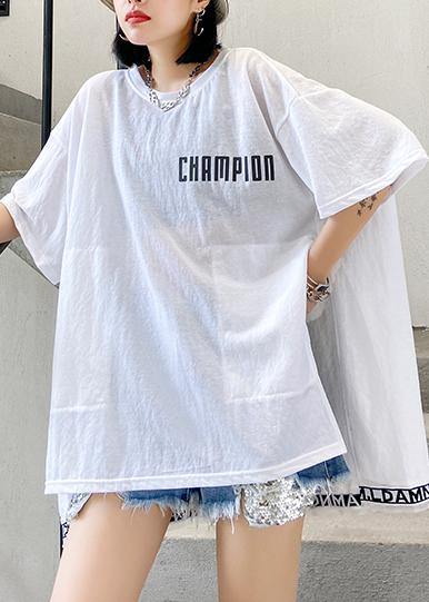 Art White Letter Cotton Crane Tops O Neck Side Open Loose Shirt