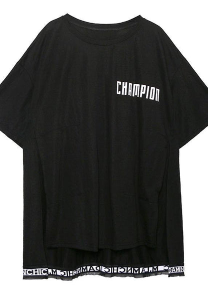 Art White Letter Cotton Crane Tops O Neck Side Open Loose Shirt