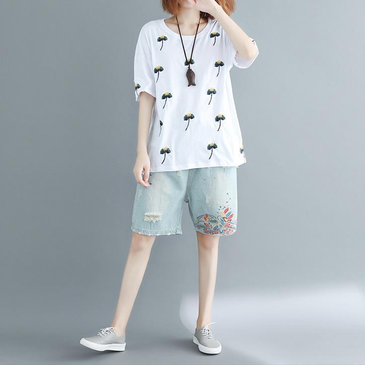 Art White Cotton Clothes Sleeve O Neck Embroidery Daily Blouses