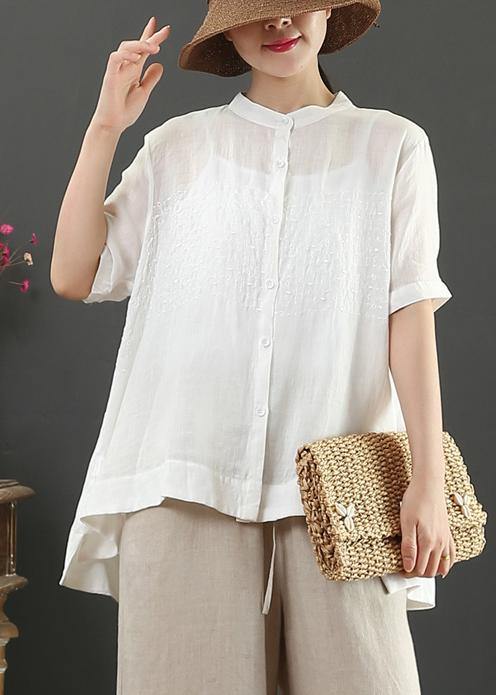 Art White Feathers Embroidery Linen Top for Stand Collar Midi Summer Top