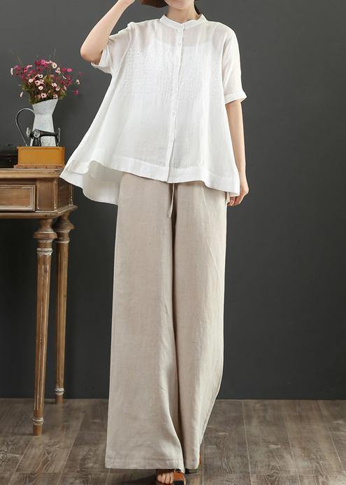 Art White Feathers Embroidery Linen Top for Stand Collar Midi Summer Top
