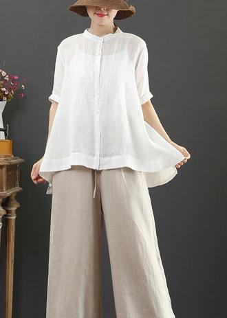Art White Flowers Embroidery Linen Top for Stand Collar Midi Summer Top