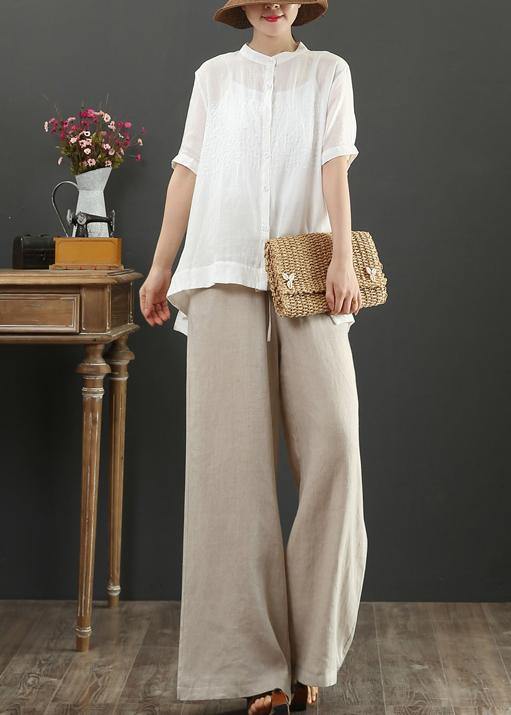 Art White Feathers Embroidery Linen Top for Stand Collar Midi Summer Top