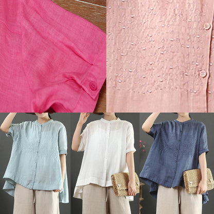 Art White Feathers Embroidery Linen Top for Stand Collar Midi Summer Top