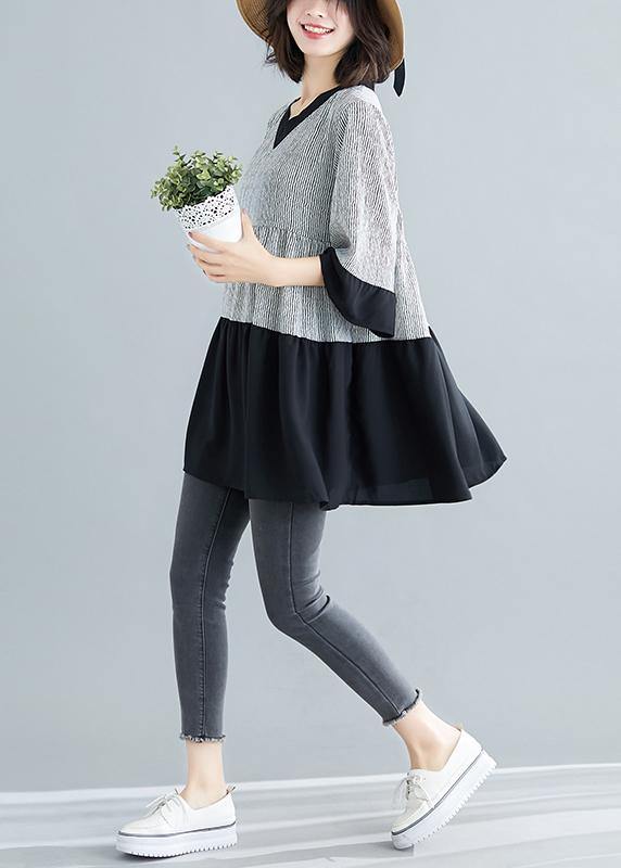 Art White Striped Chiffon Dresses Boutique Life Patchwork Flare Sleeve Art Summer Dresses