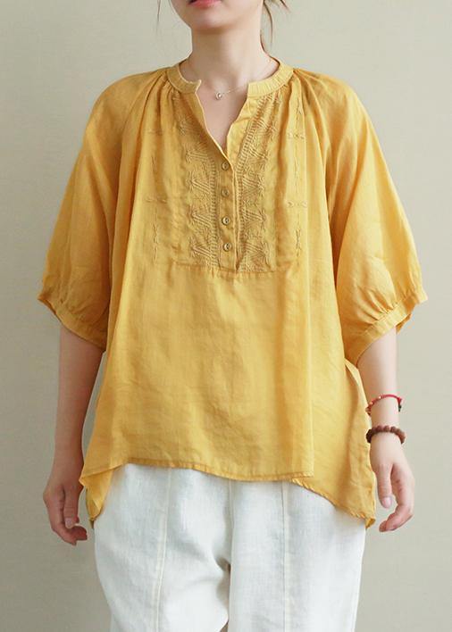 Art Yellow Embroidery Linen Tunic Top V Neck Button Down Silhouette Summer Blouses
