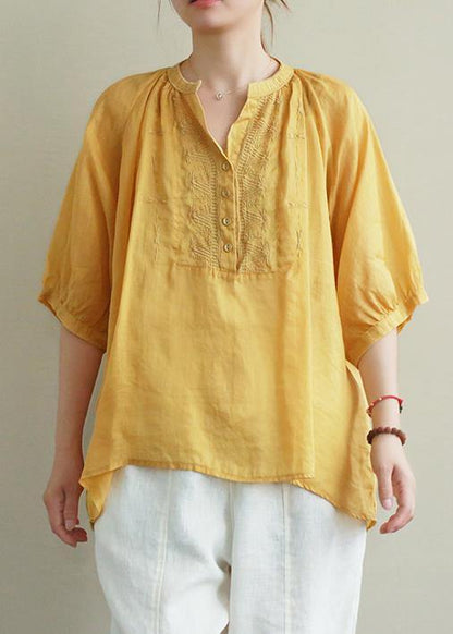 Art Yellow Embroidery Linen Tunic Top V Neck Button Down Silhouette Summer Blouses