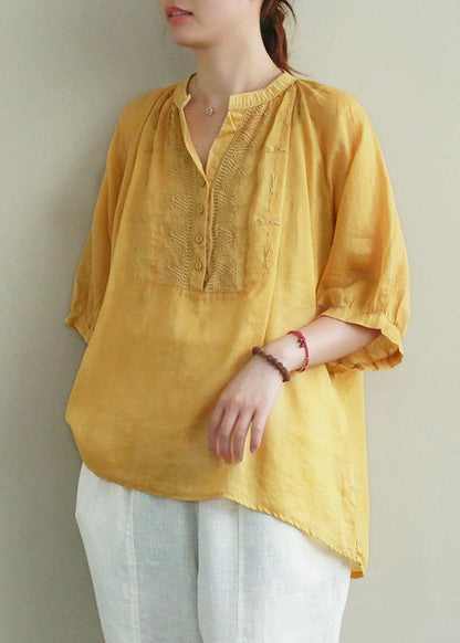 Art Yellow Embroidery Linen Tunic Top V Neck Button Down Silhouette Summer Blouses