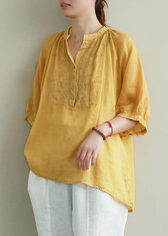 Art Yellow Embroidery Linen Tunic Top V Neck Button Down Silhouette Summer Blouses