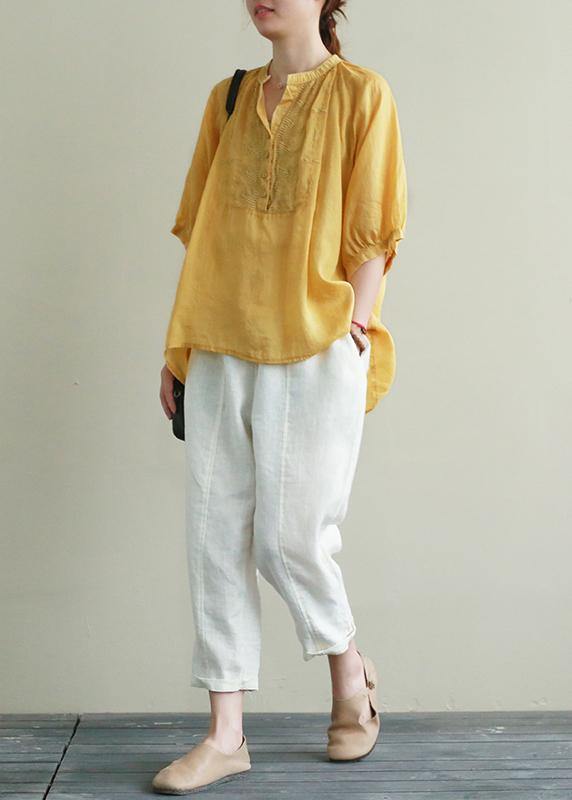Art Yellow Embroidery Linen Tunic Top V Neck Button Down Silhouette Summer Blouses