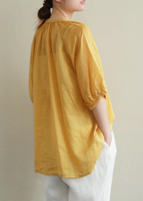 Art Yellow Embroidery Linen Tunic Top V Neck Button Down Silhouette Summer Blouses