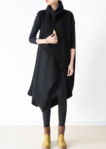 Fall and Winter New Loose Knitted Stitching Black Dress Two-piece Suit