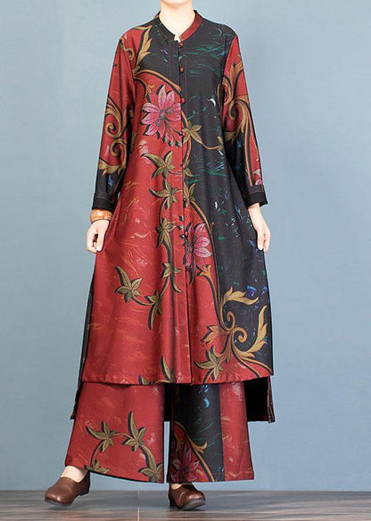Autumn Large Size Retro Long Coat Jacket Loose Wide Leg Pants Red Printed Two-piece Suit