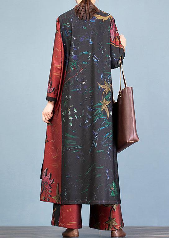 Autumn Large Size Retro Long Coat Jacket Loose Wide Leg Pants Red Printed Two-piece Suit