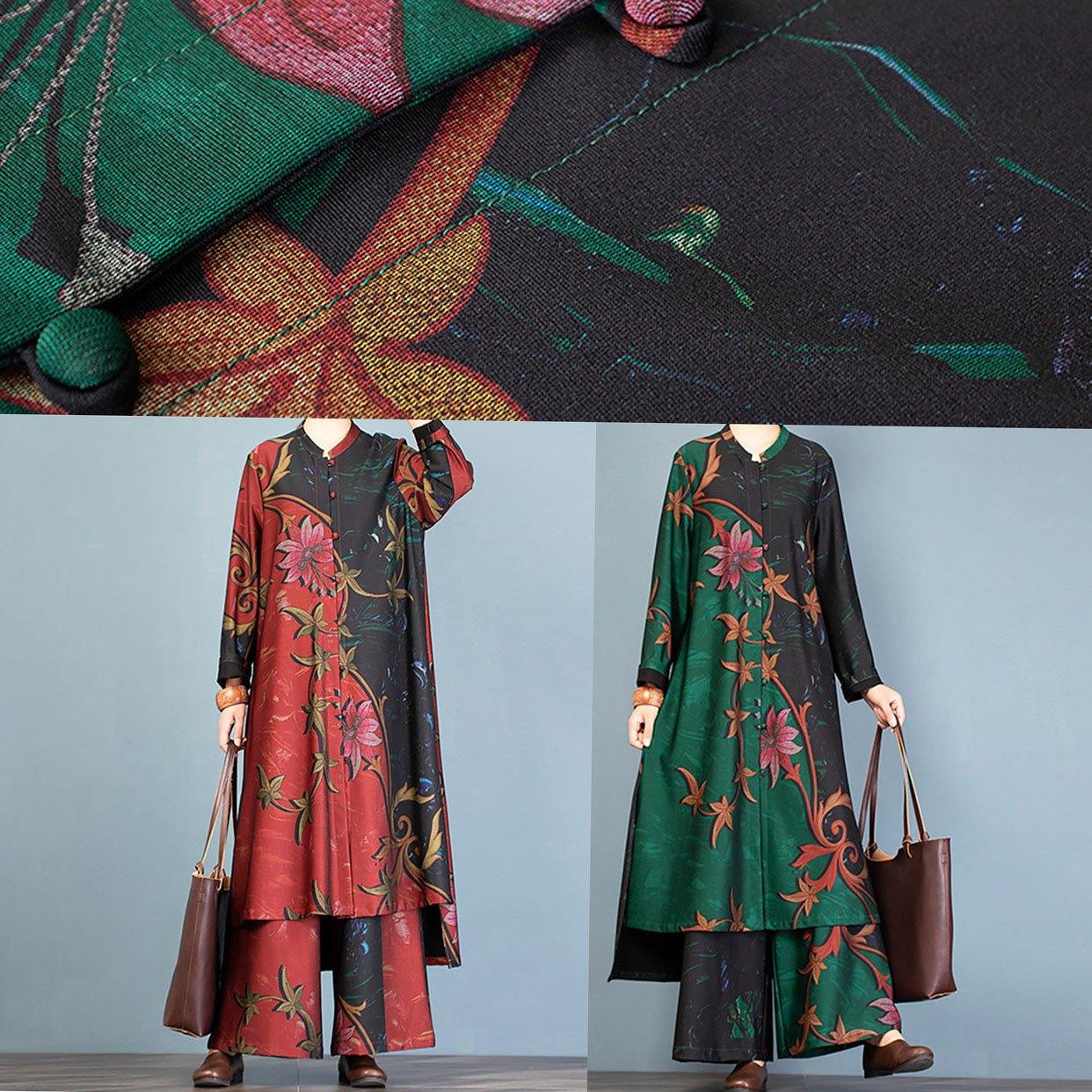 Autumn Large Size Retro Long Coat Jacket Loose Wide Leg Pants Red Printed Two-piece Suit