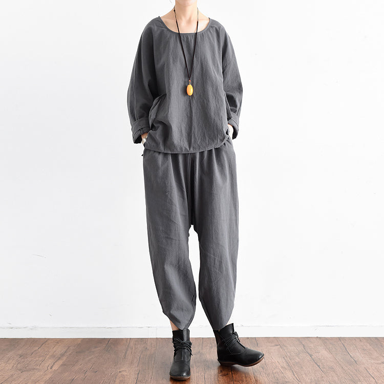 Autumn Outfits Gray Stylish Linen Tops and Causal Linen Pants Tow Pieces Linen