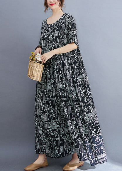 Baggy Black Wrinkled Patchwork Print Exra Large Hem Cotton Long Dress Short Sleeve
