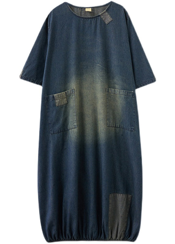 Baggy Blue O-neck Pockets Patchwork Denim Dresses Half Sleeve