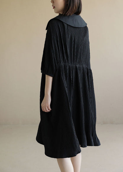 Baggy Black Peter Pan Collar Wrinkled Lace Up Maxi Dresses Short Sleeve