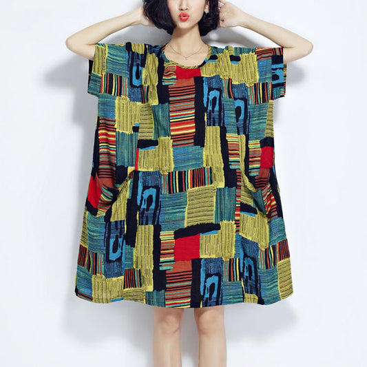 Baggy Green Prints Cotton Shift Dresses Traveling Clothing O Neck Short Sleeve Cotton Dress
