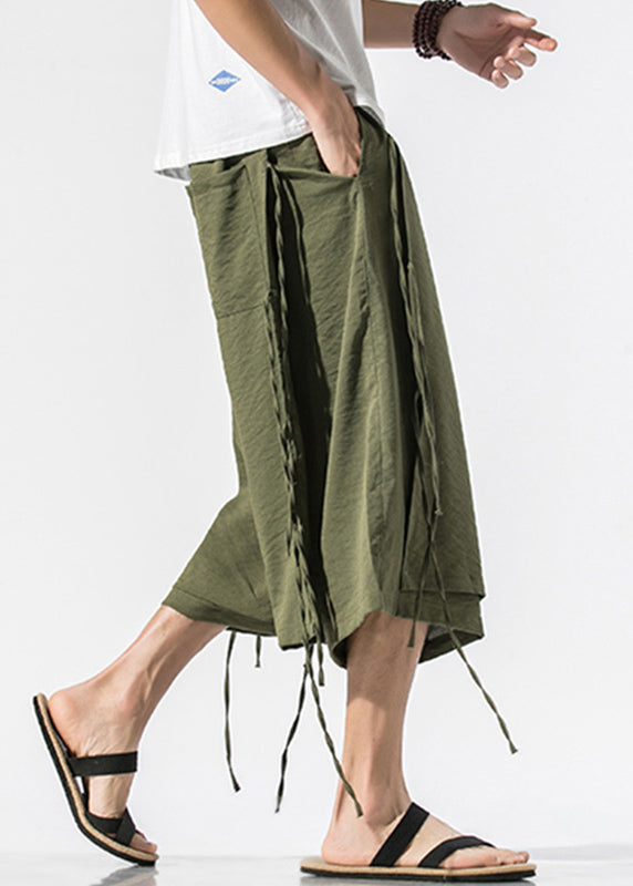 Beach Army Green Pockets Tie Waist Wide Leg Pants